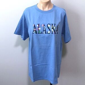 Alaska Embroidered Floral T-shirt Large Dusty Blue